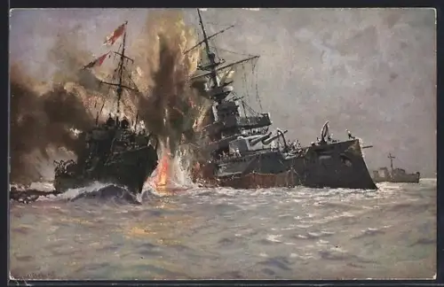 Künstler-AK Hans Bohrdt: Vernichtung des englischen Kriegsschiffs Triumph