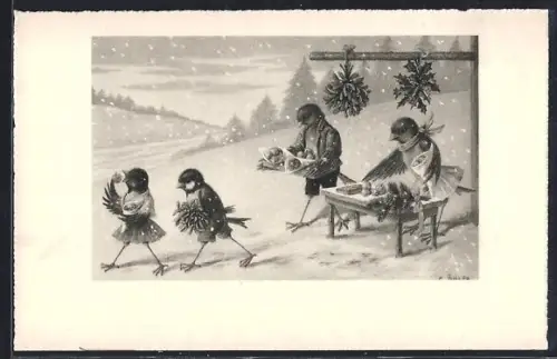 Künstler-AK C. Öhler: Vögelchen essen Äpfel