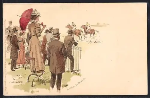 Künstler-AK Carl Becker: Besucher schauen gespannt das Pferderennen