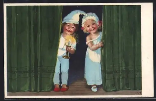 Künstler-AK Marie Flatscher (M.FL.): Junge und Mädchen schauen mit Kerze hinter einem Vorhang hervor