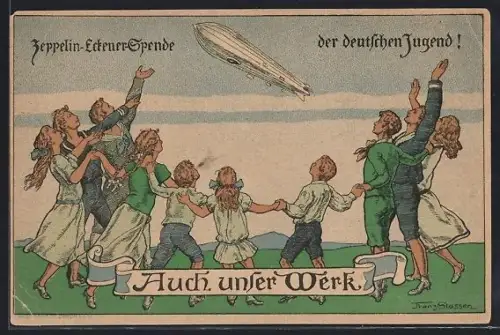Künstler-AK Franz Stassen: Deutsche winken ihrem Zeppelin glücklich zu, Zeppelin-Eckener-Spende