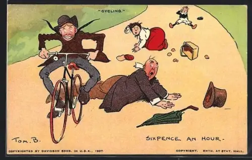 Künstler-AK Tom Browne: Radfahrer fährt Fussgänger um