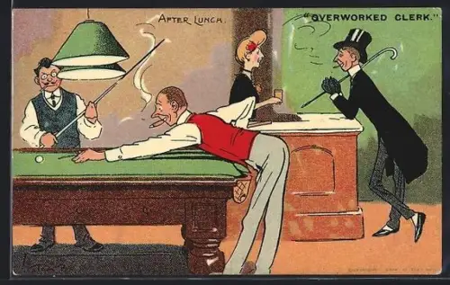 Künstler-AK Tom Browne: Männer spielen Billard, Overworked Clerk