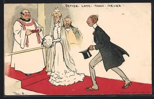 Künstler-AK Tom Browne: Mann kommt zu spät zu seiner Hochzeit