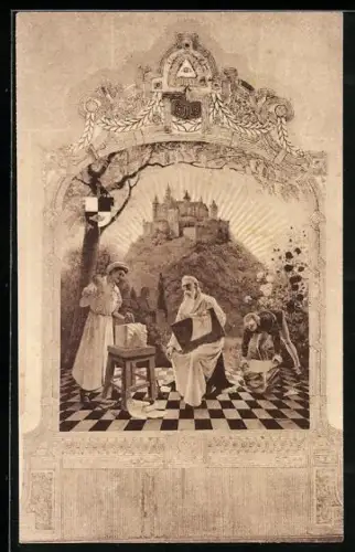 Künstler-AK Magdeburg, Szene mit altem Gelehrten, Fides coronata