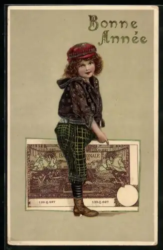 Präge-AK Kind reitet auf einem grossen Geldschein