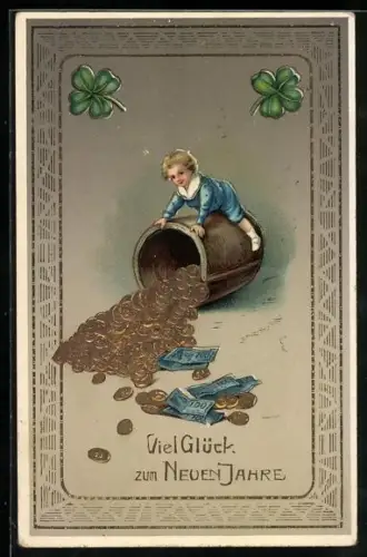 Präge-AK Blondes Kind schüttet einen Topf voller Geld um