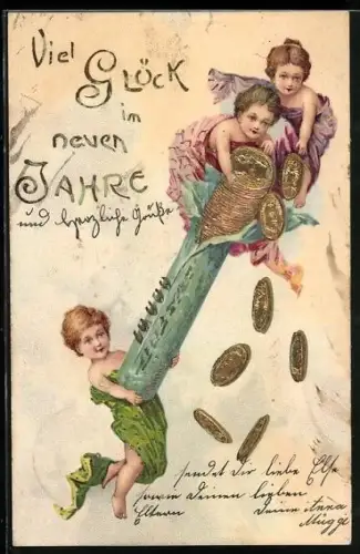 AK Kinder mit Geldrolle wünschen viel Glück im neuen Jahr