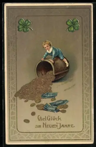 Präge-AK Kind klettert auf einen umgefallenen Topf voller Geld