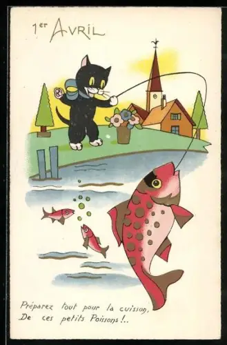 Künstler-AK Lächelnde Katze angelt sich einen Fisch