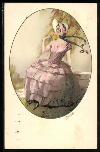 Künstler-AK Lächelnde Dame mit Haube und Kleid sitzt im Park, Art Deco