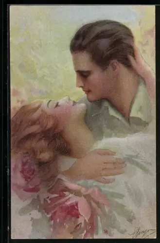 Künstler-AK Eng umschlungenes Paar vor einem Kuss, Art Deco