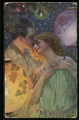 Künstler-AK G. Guerzoni: Mann küsst junge Frau auf Stirn vor Sternenhimmel, Lampions