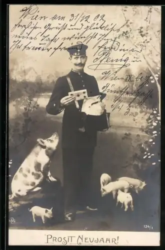 AK Briefträger steht zwischen einer Sau und ihren Ferkeln