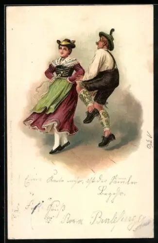 Lithographie Tanzendes Paar in Trachten