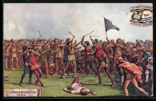 Künstler-AK Oxford Pageant, St. Scholastica`s Day 1354, Bürger attackieren Studenten