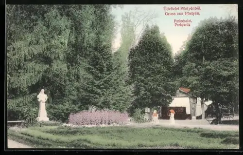 AK Pöstyén, Parkpartie mit Gebäude u. Statue