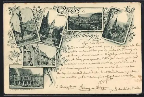 AK Freiburg i. B., Panorama, Berthold Schwarz-Denkmal, Münster und Sieges-Denkmal