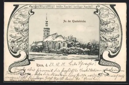 AK Riesa, An der schneebedeckten Klosterkirche, Weihnachtsbaum im Passepartout