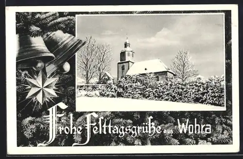 AK Wohratal, verschneite Ortsansicht mit festlichen Glocken und Stern