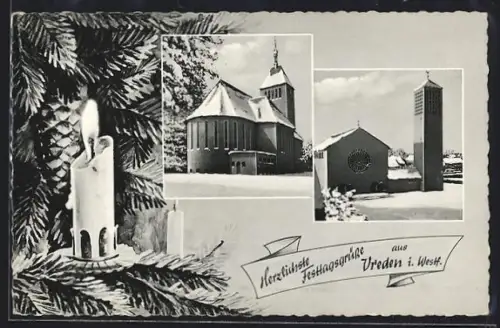 Passepartout-AK Vreden i. Westf., Ortspartien mit Kirche im Schnee, Tannenzweig mit Kerze