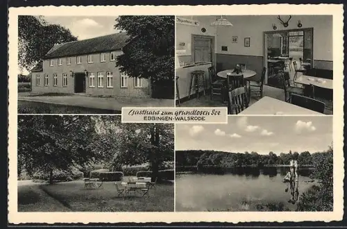 AK Ebbingen-Walsrode, Gasthaus zum grundlosen See H. Heins, Innenansicht, Garten, See