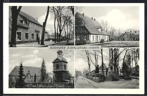 AK Düshorn b. Walsrode, Geschäftshaus J. H. Wischmann, Kirche, Denkmal