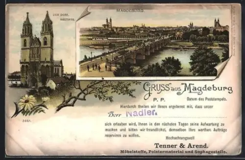 Lithographie Magdeburg, Dom, Westseite, Brücke, Ortsansicht