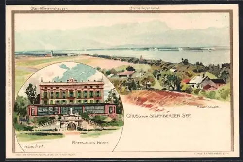 Lithographie Assenhausen /Starnberger See, Rottmanns-Höhe, Ober-Altmannshausen, Bismarckdenkmal, Assenhausen