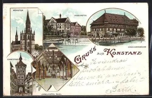 Lithographie Konstanz, Münster, Inselhotel, Schnetztor, Konzilgebäude