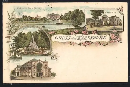 Lithographie Karlsruhe, Stadtgarten See, Festhalle, Vierordts Bad
