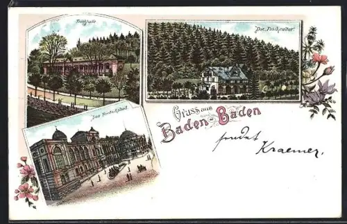 Lithographie Baden-Baden, Trinkhalle, Fischcultur, Friedrichsbad