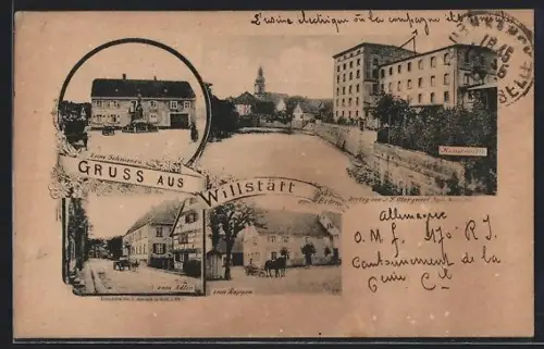 Lithographie Willstätt, Gasthäuser z. Schwanen, z. Rappen, z. Adler Kirche, Kunstmühle