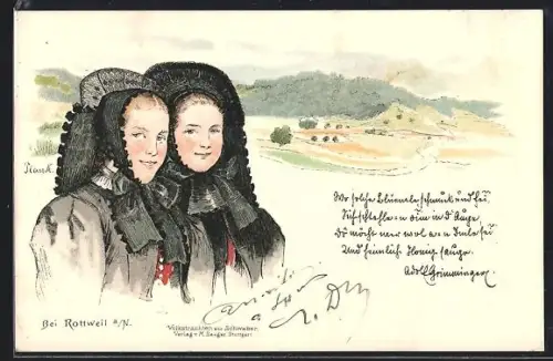 Lithographie Rottweil a. N., Schwarzwälder Tracht, Landschaft