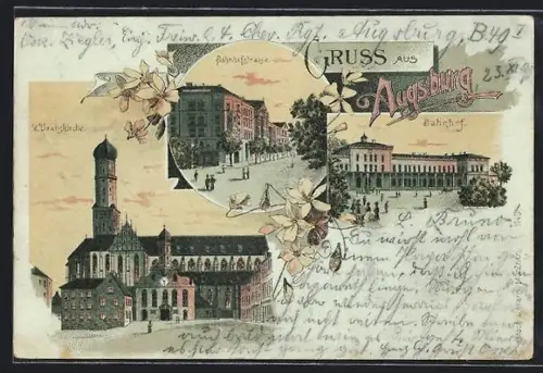 Lithographie Augsburg, St. Ulrichskirche, Bahnhofstrasse, Bahnhof
