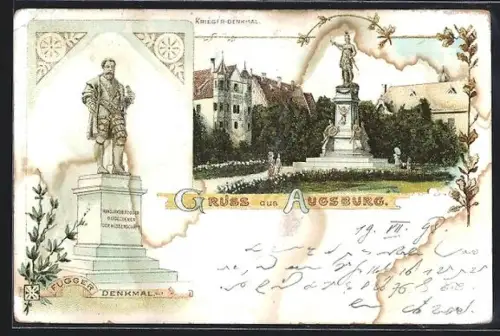 Lithographie Augsburg, Fugger-Denkmal, Kriegerdenkmal