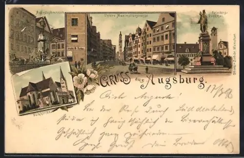 Lithographie Augsburg, Untere Maximilianstrasse, Friedens-Denkmal, Domkirche