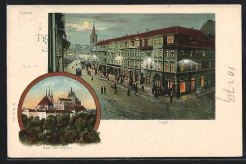 Lithographie Erfurt, Anger beei Nacht, Dom von Westen