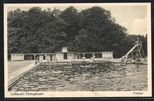 AK Fallingbostel, Freibad, Becken mit Rutsche und Gebäude