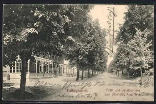 AK Fallingbostel, Hotel und Pensionshaus zum Böhmetal Aug. Meyer, mit Strasse