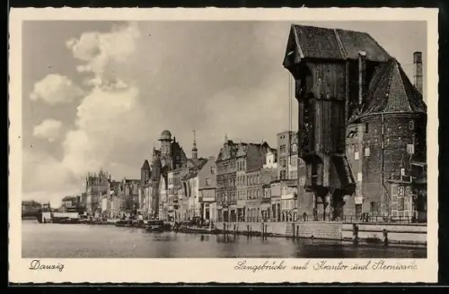 AK Danzig, Langebrücke mit Krantor und Sternwarte