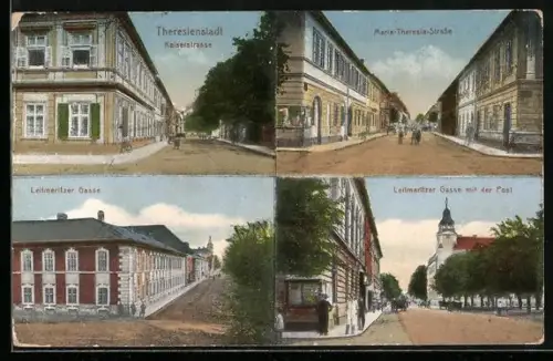 AK Theresienstadt, Leitmeritzer Gasse mit der Post, Kaiserstrasse, Maria-Theresia-Strasse