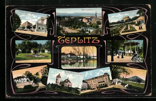 AK Teplitz-Schönau, Teilansicht, Schlossberg, Trinkhalle im Kurgarten