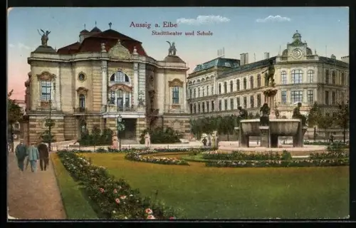 AK Aussig a. Elbe, Stadttheater und Schule