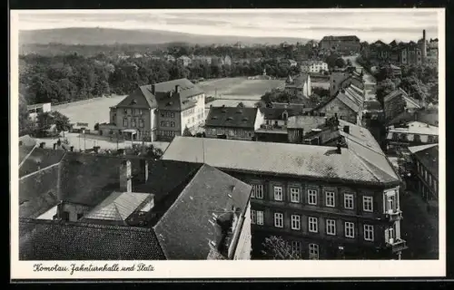 AK Komotau, Jahnturnhalle und Platz aus der Vogelschau