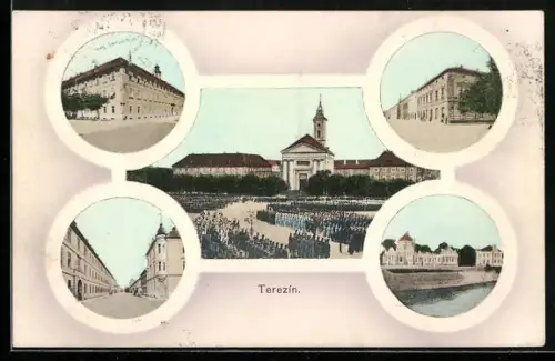 AK Theresienstadt, Militär-Aufmarsch, Strassenpartie, Gebäude