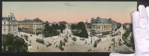 Riesen-AK Berlin-Tiergarten, Potsdamer Platz Panorama mit Strassenbahn, Palast Hotel, Hotel Bellevue