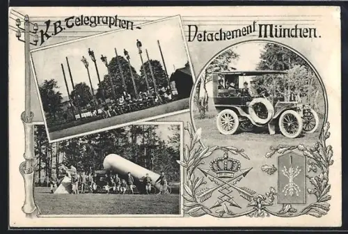 AK München, K. b. Telegraphen-Detachement, Soldaten im Auto, Wappen mit Krone, Dachauer Strasse