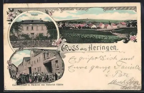 AK Heringen / Lahn, Gasthaus und Bäckerei von Heinrich Kübler, Schule, Teilansicht