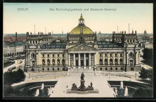 AK Berlin, Reichstagsgebäude und Bismarck-Denkmal mit Strassenbahn